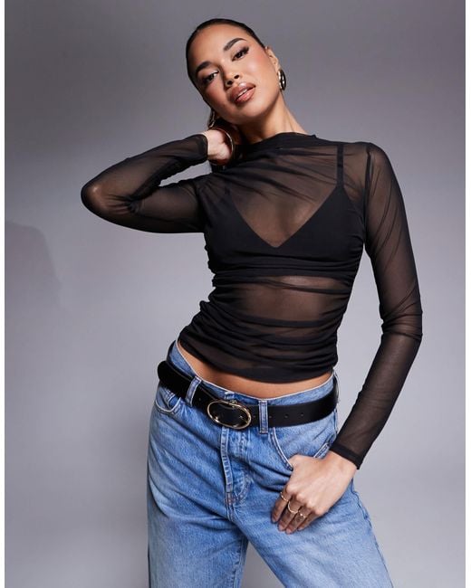 ASOS Blue Long Sleeve Ruched Side Mesh Top