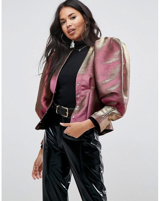 ASOS Denim Puff Sleeve Jacket In Jacquard With Shoulder Pads Lyst UK