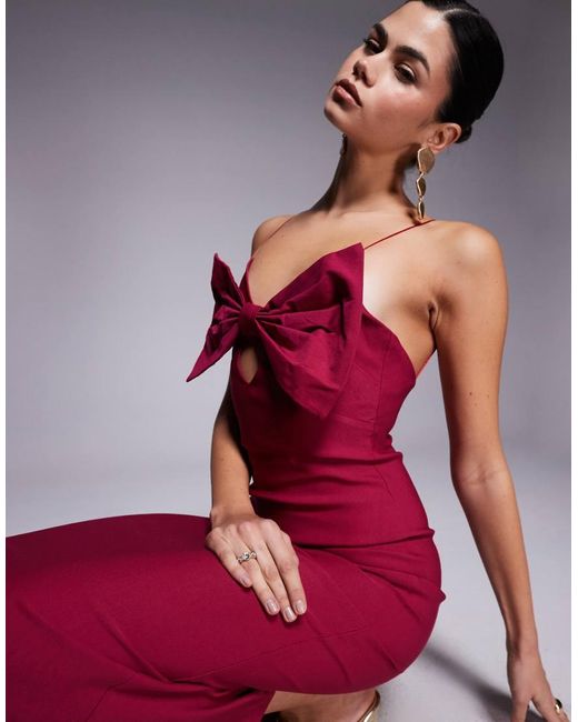 Vesper Red Cami Strap Bodycon Maxi Dress With Bow
