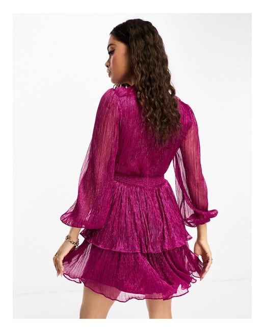 Forever New Purple Tiered Metallic Plisse Mini Dress