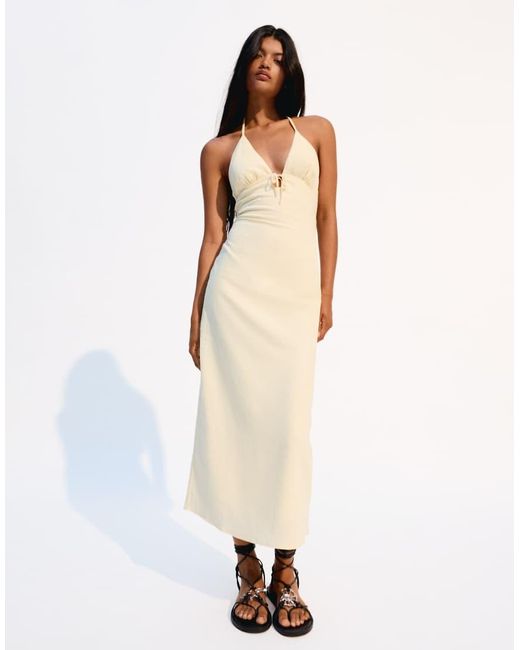Bershka Natural Halterneck Linen Maxi Dress