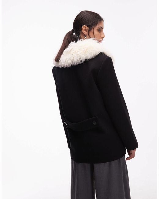 & Other Stories Black Wool Short Double Breasted Coat With Flap Welt Pockets And Faux Fur Collar
