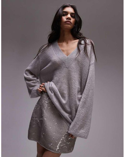 TOPSHOP Gray Premium Knitted Fine Gauge Mohair V Neck Relaxed Jumper