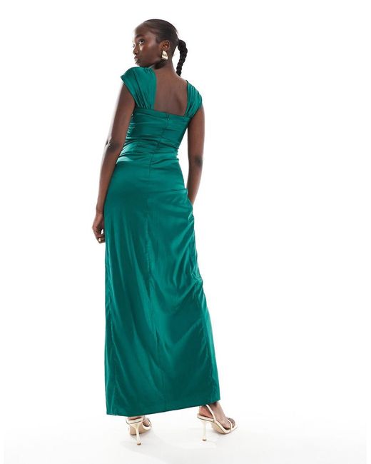 TFNC London Green Satin Off Shoulder Maxi Dress