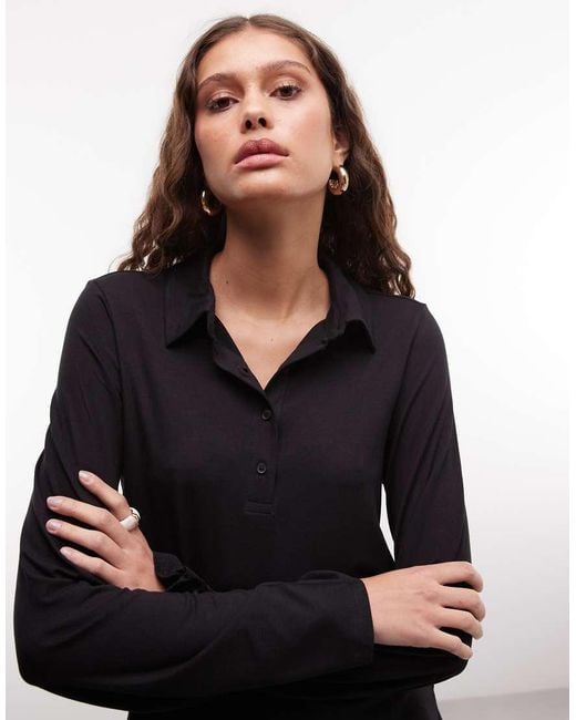 Monki Black Long Sleeve Polo Top