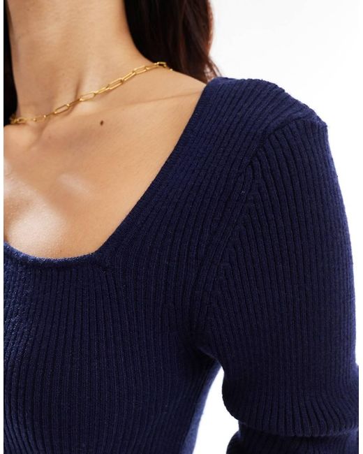 Top Azul Marino De Manga Larga Con Cuello Asimétrico De Punto De Y.A.S de color Blue