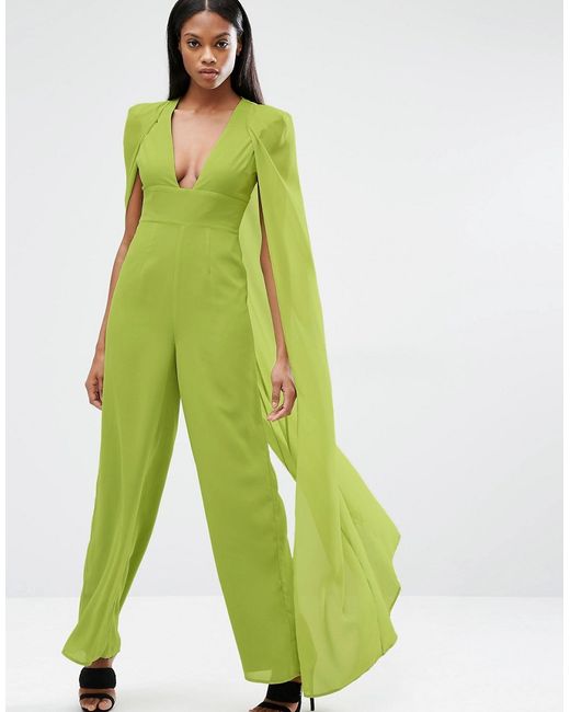 Lavish Alice Chiffon Cape Deep Plunge Wide Leg Jumpsuit in Green