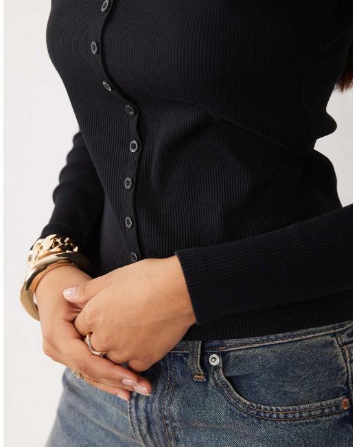 ASOS Black Sculpting Rib Button Through Top With Lace Underlayer