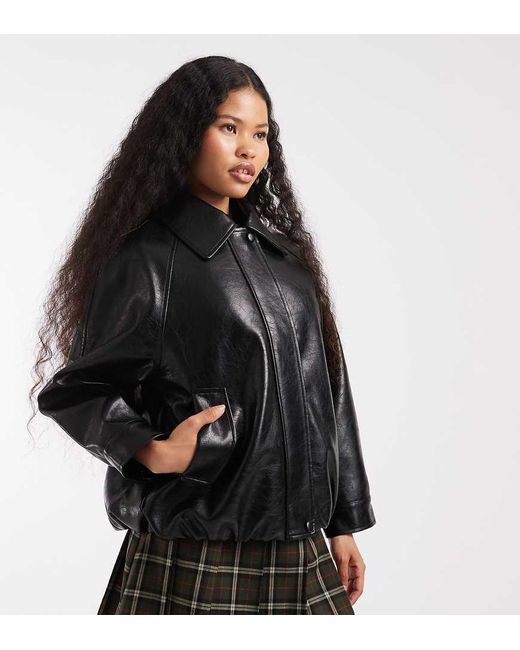ASOS Black Asos Design Petite Leather Look Oversized Bomber Jacket