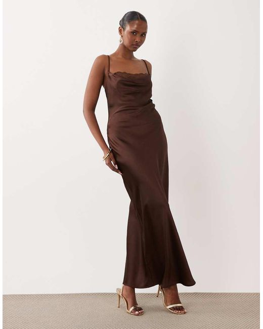 Vila Brown Lace Insert Cowl Neck Satin Cami Maxi Dress