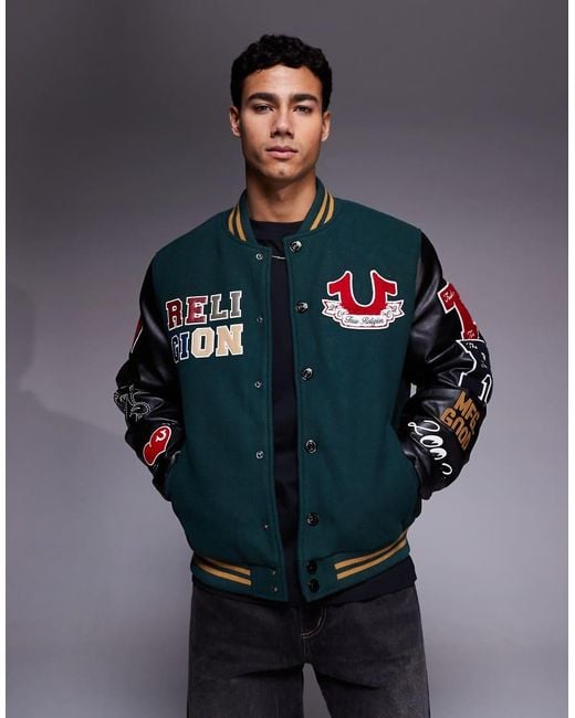 True Religion Blue Patch Embroidered Varsity Jacket for men