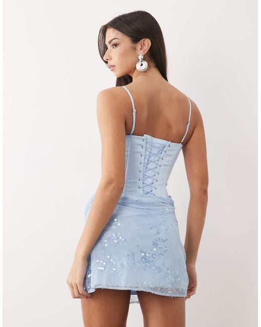 Oh Polly Blue Premium Satin Embellished Skirt Mini Dress