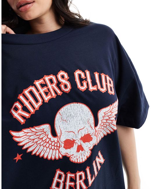 Asos design curve - t-shirt pesante vestibilità boyfriend con stampa rock "riders club" di ASOS in Blue