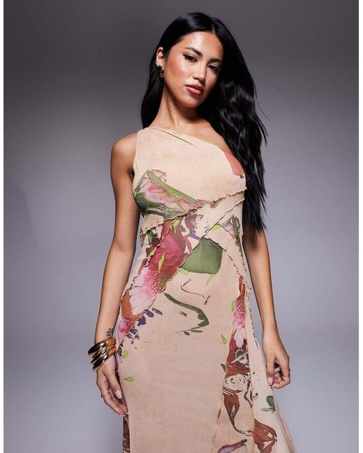 ASOS Multicolor Mesh One Shoulder Exposed Seams Maxi Dress With Full Hem