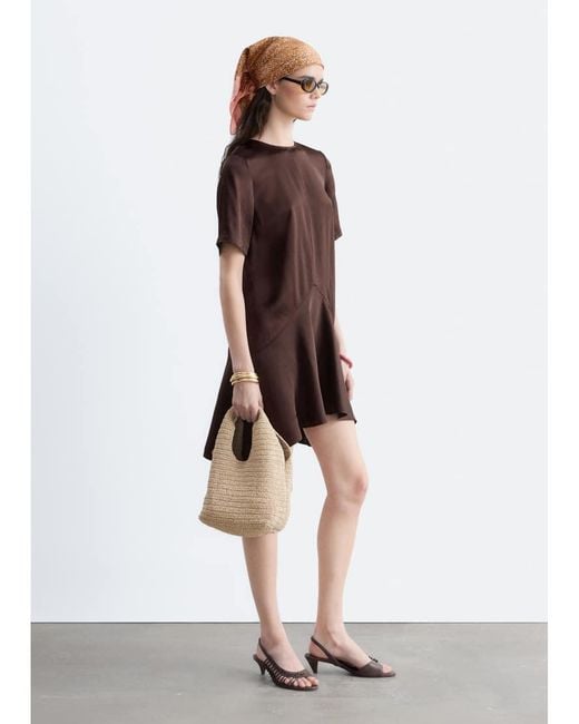 & Other Stories Brown Drop Waist Satin Mini Dress With Hanky Hem