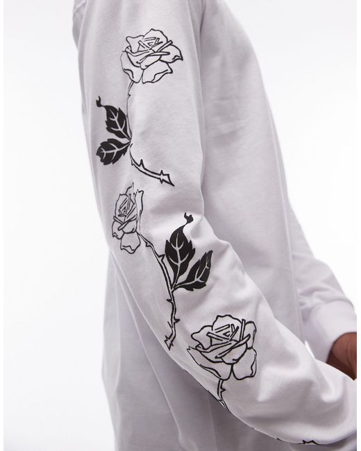 Maglietta a maniche lunghe oversize bianca con stampa di rose sul petto e sulle maniche di Topman in Gray da Uomo