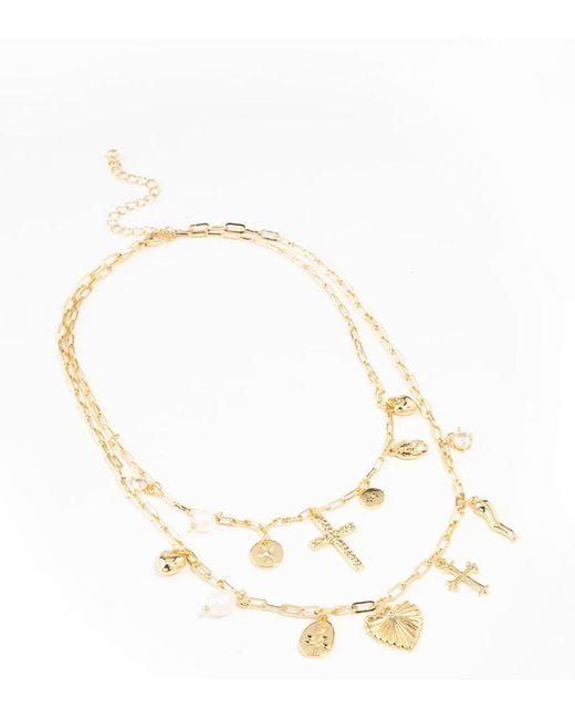 Lovisa Metallic Plated Freshwater Pearl, Cross & Heart Charm Necklace