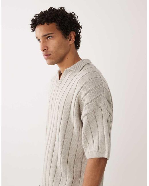 ASOS Gray Oversized Knitted Ribbed Short Sleeve Notch Neck Polo for men