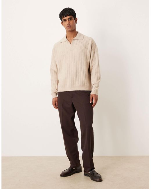 Polo oversize en maille côtelée avec manches longues et col à encoche - taupe ASOS pour homme en coloris Natural