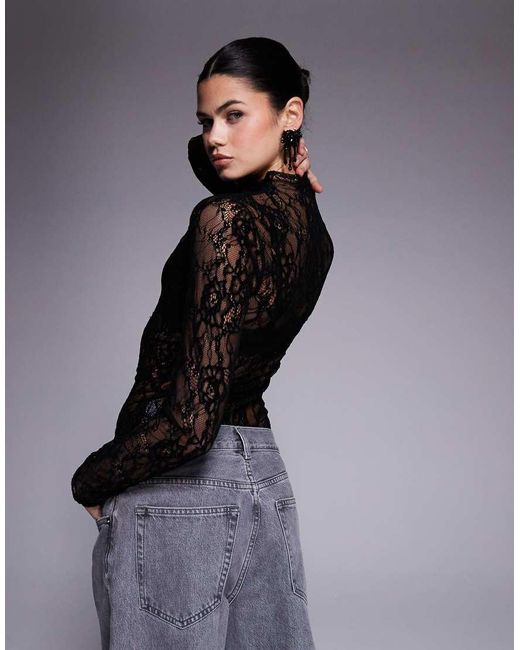 GOOD AMERICAN Gray Lace Mock Neck Bodysuit