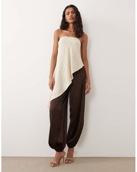 Six Stories Natural Embellished Bandeau Asymmetric Hem Top Co-ord