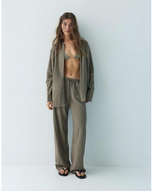 Pull&Bear Green – langärmliges hemd aus leinenmix