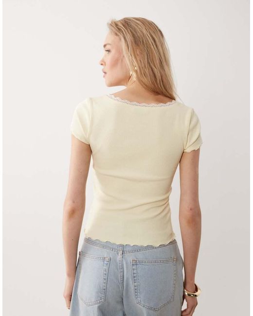 Miss Selfridge Blue Square Neck Lace Trim Short Sleeve Top