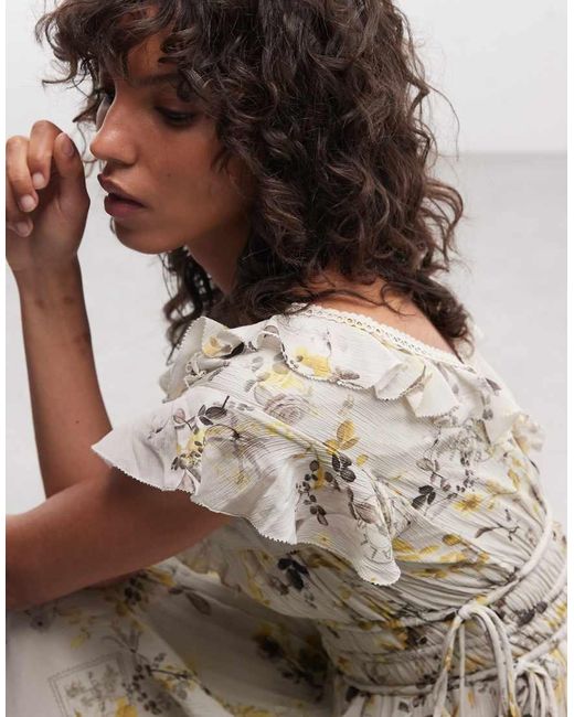 AllSaints Green Canto Ruffle Tiered Floral Midi Dress Pale