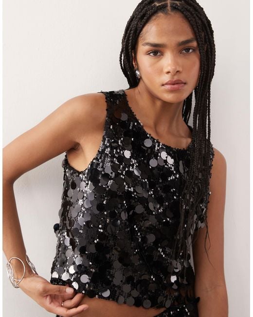 Noisy May Black Disc Sequin Sleeveless Crop Top