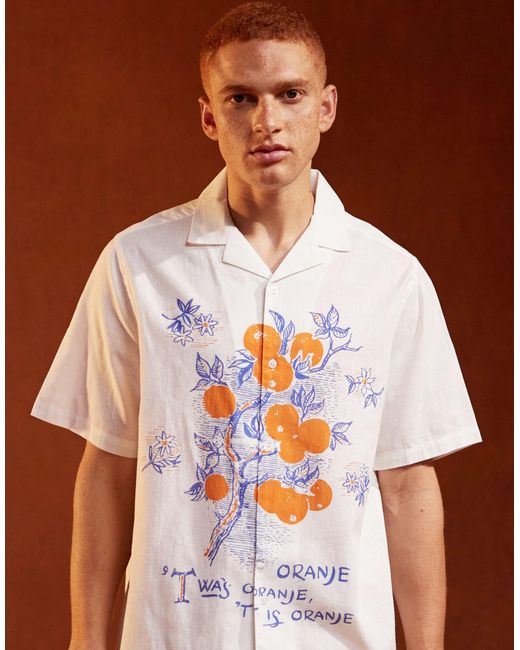 ASOS – locker geschnittenes hemd mit reverskragen und platziertem frucht-print in Brown für Herren