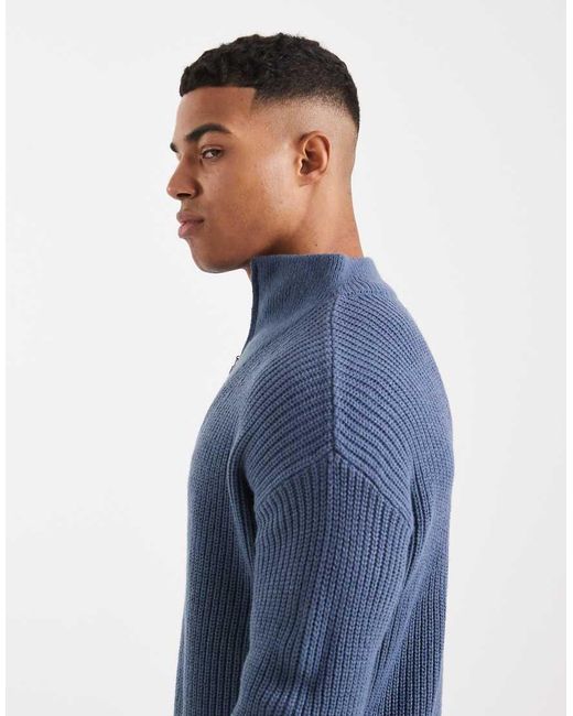 New Look Blue Fisherman Knit 1/4 Zip Jumper for men