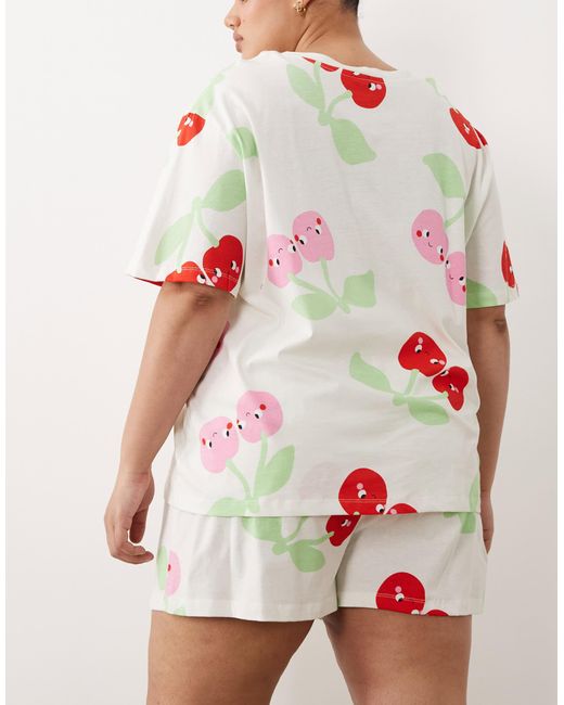 ASOS White Asos design curve – pyjama mit oversize-t-shirt und shorts mit kirschprint