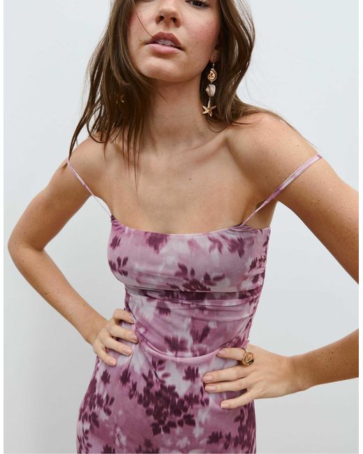 Stradivarius Pink – bedrucktes midikleid aus tüll