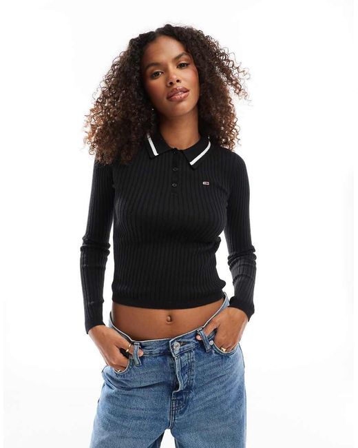 Top A Maniche Lunghe Con Collo Stile Polo di Tommy Hilfiger in Black