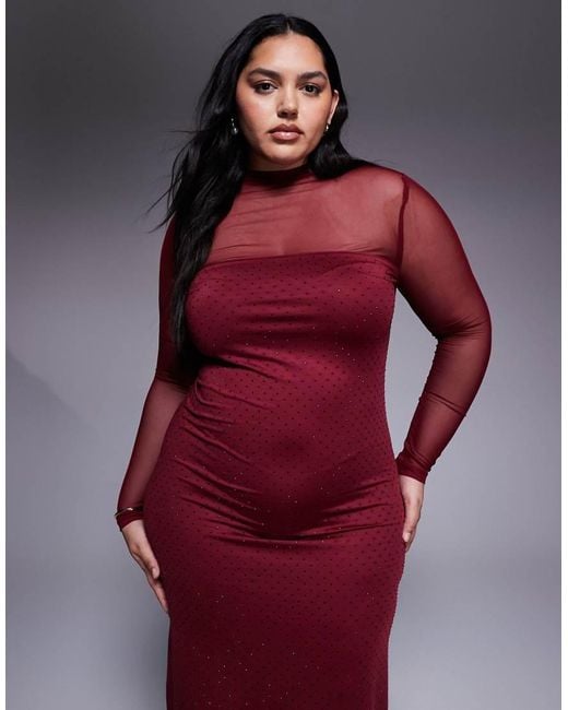 Renee Studio Red Mesh High Neck Hotfix Side Split Maxi Dress