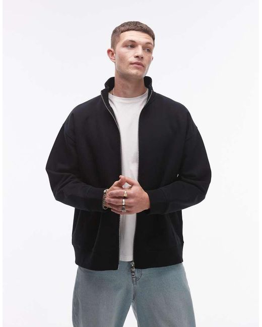 Sudadera Negra Con Cuello Alzado Y Cremallera De Tejido Grueso Premium De Topman de hombre de color Black
