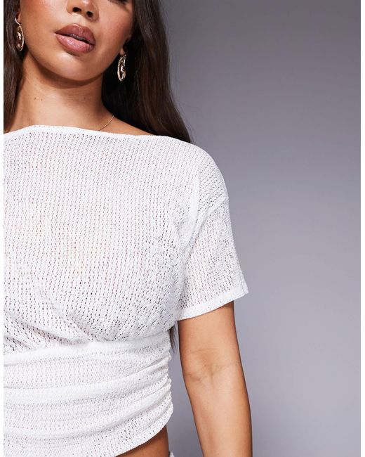 ASOS Gray Texture Sheer Asymmetric One Shoulder Short Sleeve Top With Cinch Waist Detail