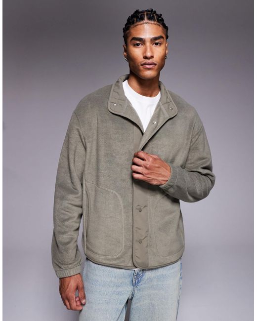ASOS Gray Oversized Button Up Fleece Jacket With Nylon Panelling for men