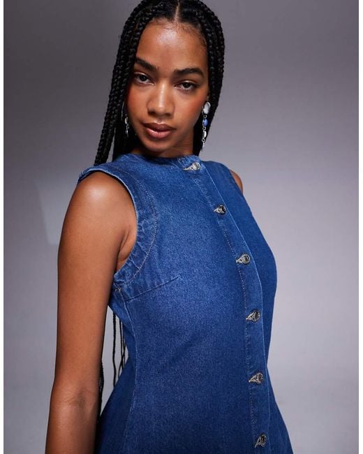 ASOS Blue Round Neck Denim Maxi Dress With Button Front Opening
