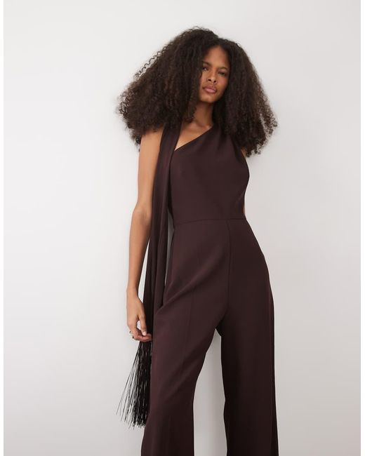 Mango Brown One Shoulder Jumpsuit With Tassel Scarf