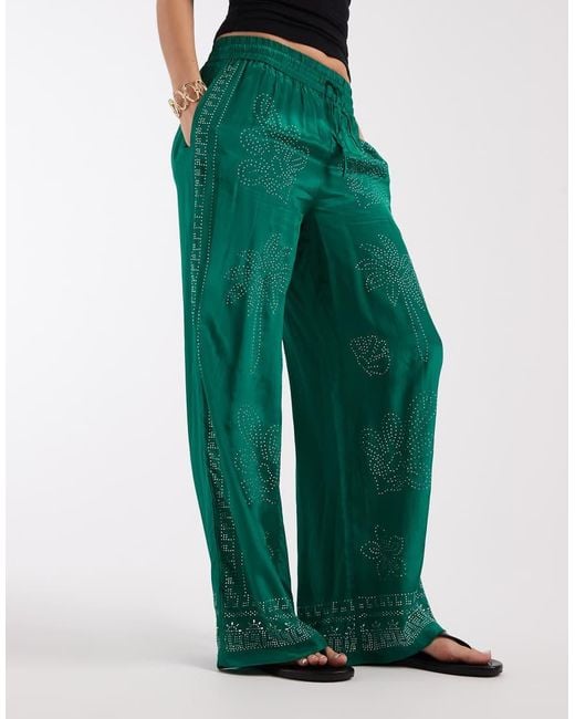River Island Green Heat Seal Diamante Wide Leg Pants