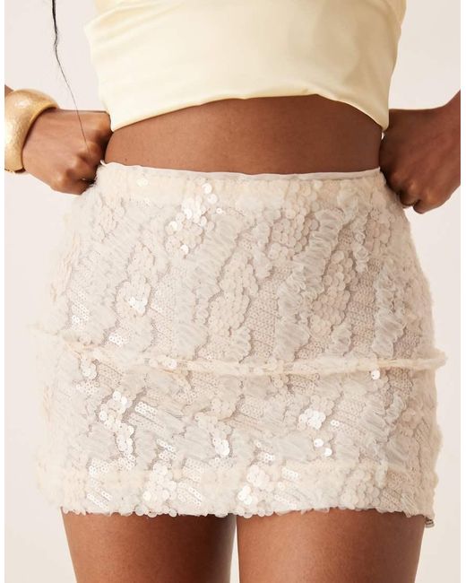 ASOS Natural Ruffled Semi Sheer Sequin Mesh Mini Skirt