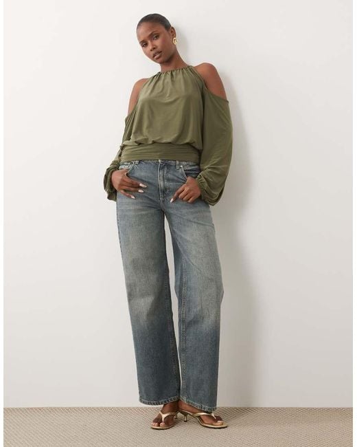 ASOS Green Slinky Cold Shoulder Blouson Top With Balloon Sleeves