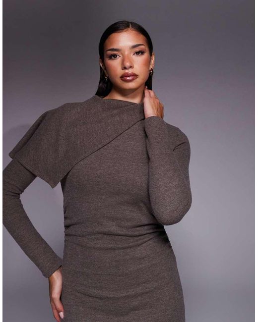 ASOS Gray Supersoft Long Sleeve Fold Over Cape Detail Midi Dress