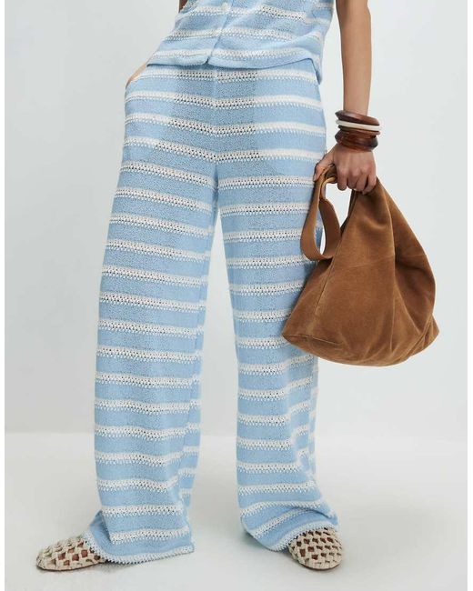 River Island Blue Striped Crochet Wide Leg Trousers