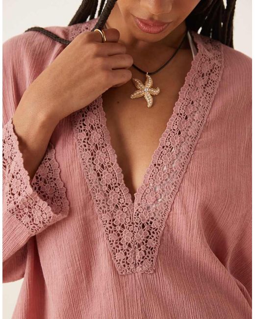 ASOS Pink Crinkle Plunge Neck Eyelet Beach Sundress