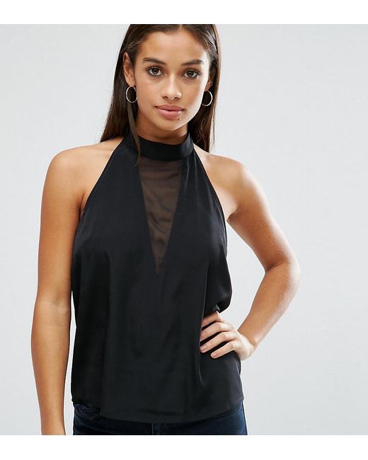 ASOS Synthetic High Neck Halter Top With Sheer Plunge in Black | Lyst
