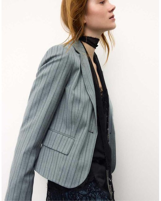 Stradivarius Gestreepte Cropped Blazer in het Blue