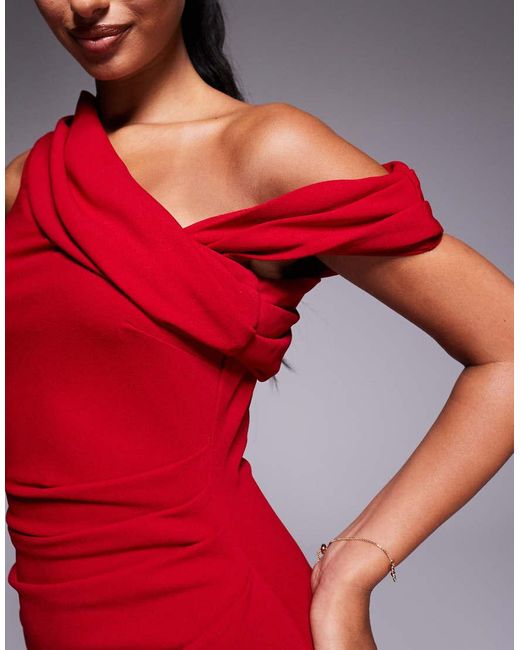Goddiva Red Crepe Pleated Drop Shoulder Midi Dress