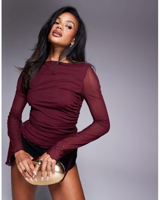 ASOS Purple Mesh Drawstring Slash Neck Top